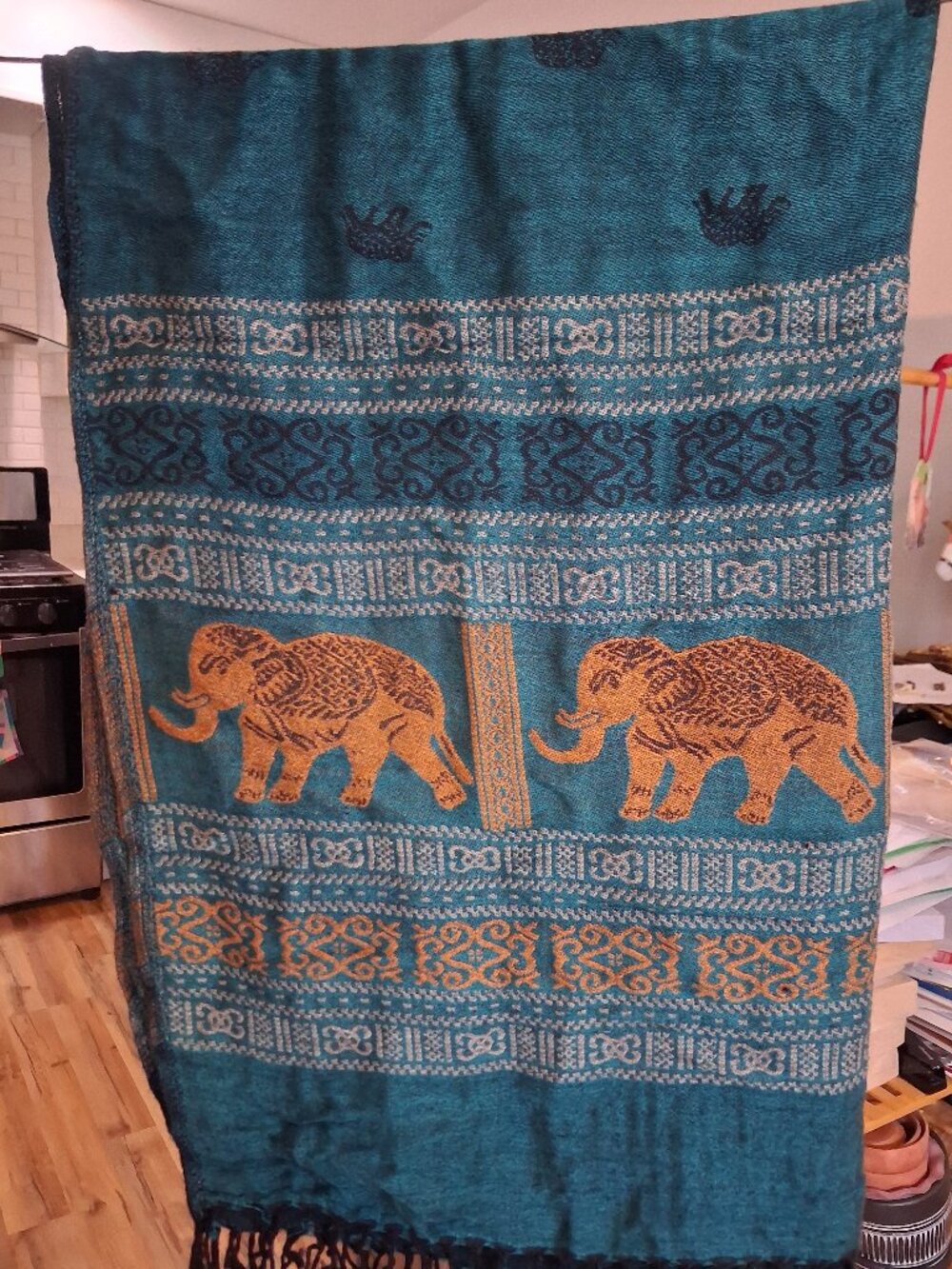 dark teal pashmina scarf with elephants and pattern